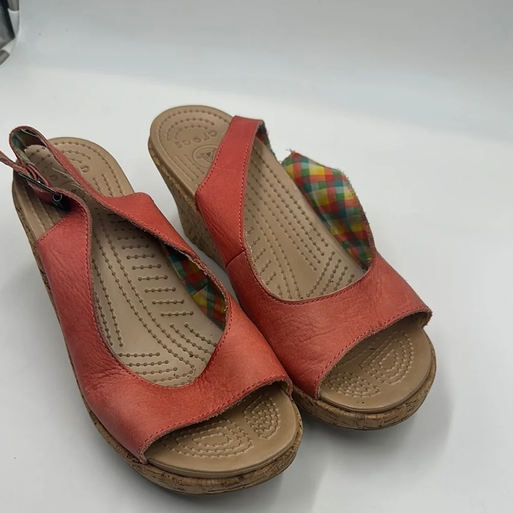 Crocs A-Leigh Sandals Womens 10 Coral Leather  Cork Wedge Slingback Shoes